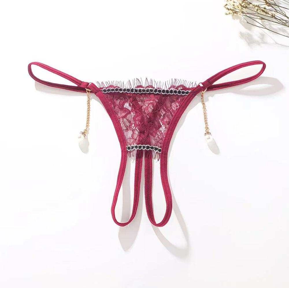 Women's Lace Thong Panties, Low Rise Sexy Lingerie With Pearl Chain Pendant